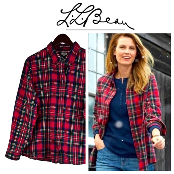 L.L. Bean Scotch Plaid Flannel Shirt Button Down Sz XLP XL Petite Red Green - Picture 1 of 5